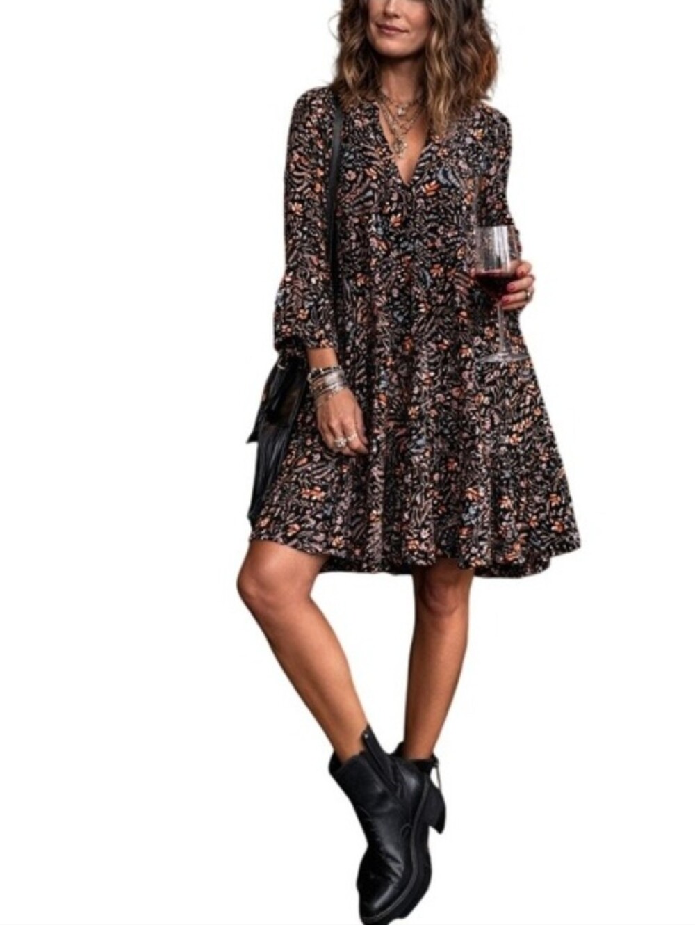 Maeve Anthropologie Black Floral Mini Dress Tiered Ruffle Womens Boho Western 2X